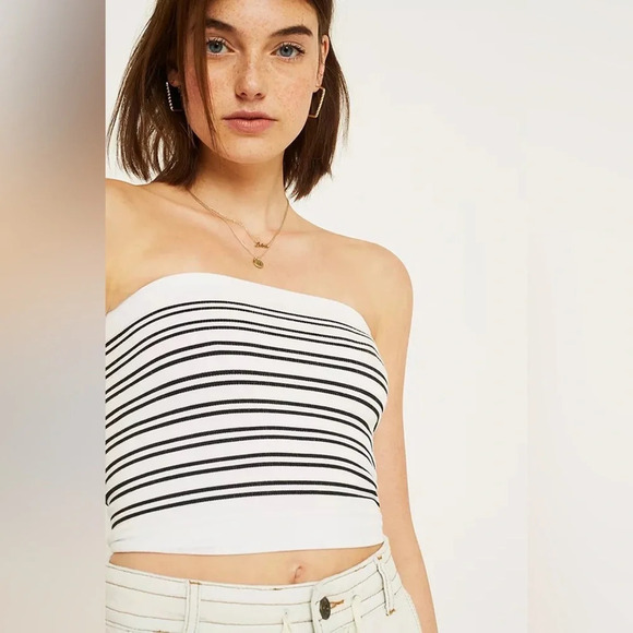 Urban Outfitters Markie Seamless Ribbed Striped Tube Top in White/Black Size M/L - Picture 1 of 8